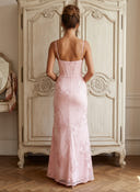 Satin Jacquard Spaghetti Strap Mermaid Sheath Long Formal Dresses with Slit