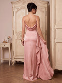 Satin Spaghetti Strap Mermaid Long Formal Dresses with Pleated