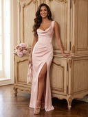 Satin Mermaid Cowl Neck Long Formal Dresses with Slit