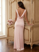 Satin Mermaid Cowl Neck Long Formal Dresses with Slit