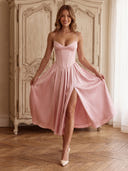 Satin Spaghetti Strap Mermaid Tea Length Formal Dresses with Slit