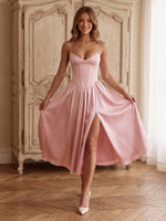 Satin Spaghetti Strap Mermaid Tea Length Formal Dresses with Slit