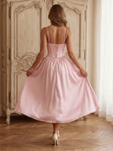 Satin Spaghetti Strap Mermaid Tea Length Formal Dresses with Slit