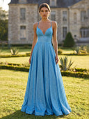 Sequin A Line V Neck Long Formal Dresses with Pleated Wedding Guest Maxi Dresses