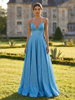 Sequin A Line V Neck Long Formal Dresses with Pleated