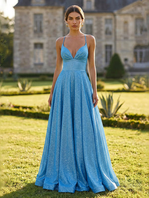 Sequin A Line V Neck Long Formal Dresses with Pleated