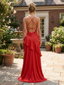 Satin Mermaid V Neck Long Formal Dresses with Ruffles