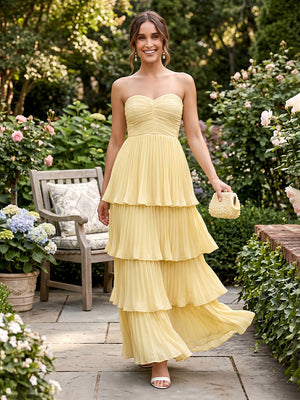 Chiffon Mermaid Strapless Tiered Long Formal Dresses with Pleated