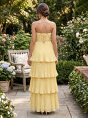 Chiffon Mermaid Strapless Tiered Long Formal Dresses with Pleated