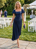 Satin A Line Short Sleeves Tea Length Formal Dresses with Pleated