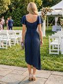 Satin A Line Short Sleeves Tea Length Formal Dresses with Pleated