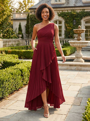 Satin A Line One Shoulder Long Formal Dresses with Pleated