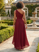 Satin A Line One Shoulder Long Formal Dresses with Pleated
