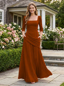 Chiffon A Line Long Sleeves Formal Dresses with Pleated Wedding Guest Maxi Dresses