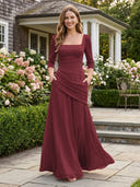 Chiffon A Line Long Sleeves Formal Dresses with Pleated Wedding Guest Maxi Dresses
