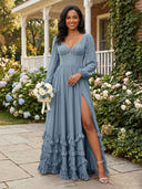 Chffion V Neck Long Sleeves Ruffles Formal Dresses with Slit