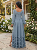 Chffion V Neck Long Sleeves Ruffles Formal Dresses with Slit