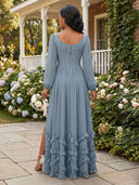 Chffion V Neck Long Sleeves Ruffles Formal Dresses with Slit Wedding Guest Maxi Dresses