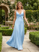 Satin V Neck A Line Spaghetti Strap Formal Dresses with Pleated