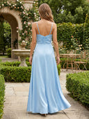 Satin V Neck A Line Spaghetti Strap Formal Dresses with Pleated