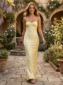 Satin Mermaid Halter Long Formal Dresses with Pleated