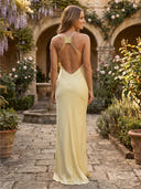 Satin Mermaid Halter Long Formal Dresses with Pleated