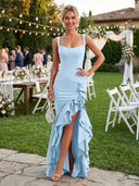 Satin Mermaid Square Neck Formal Dresses with Ruffles