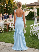 Satin Mermaid Square Neck Formal Dresses with Ruffles