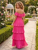 Chiffon Strapless Ruffles Long Formal Dresses with Pleated