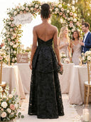 Satin Jacquard Strapless A Line Formal Dresses with Slit