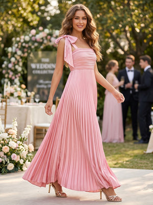 Satin A Line Square Neck Formal Dresses with Pleated
