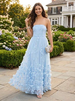 Chiffon Strapless A Line Long Formal Dresses with Flower