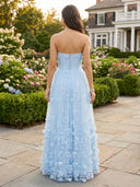 Chiffon Strapless A Line Long Formal Dresses with Flower