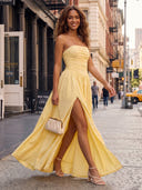 Satin Strapless A Line Sheath Formal Dresses with Slit