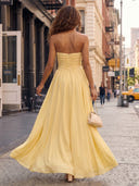 Satin Strapless A Line Sheath Formal Dresses with Slit