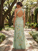 Tulle One Shoulder Mermaid Sheath Formal Dresses with Jacquard