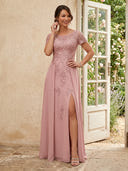 Chiffon Round Neck A Line Long Formal Dresses with Lace