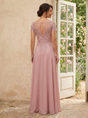 Chiffon Round Neck A Line Long Formal Dresses with Lace