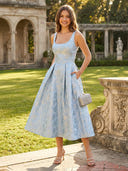 Satin Jacquard A Line Tea Length Formal Dresses with Pockets