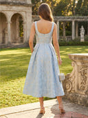 Satin Jacquard A Line Tea Length Formal Dresses with Pockets
