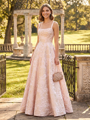 Satin A Line Spaghetti Straps Formal Dresses with Jacquard