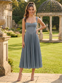 Satin Square Neck A Line Tea Length Formal Dresses with Pleated