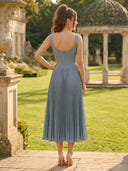 Satin Square Neck A Line Tea Length Formal Dresses with Pleated