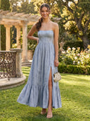 Satin Jacquard A Line Strapless Tea Length Formal Dresses with Slit