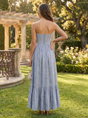 Satin Jacquard A Line Strapless Tea Length Formal Dresses with Slit