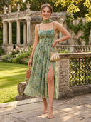 Tulle Square Neck A Line Tea Length Formal Dresses with Scarf