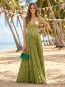 Satin Square Neck A Line Long Formal Dresses with Print Flower