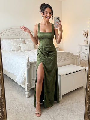 Satin Square Neck A Line Spaghetti Straps Long Formal Dresses with Slit