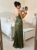 Satin Square Neck A Line Spaghetti Straps Long Formal Dresses with Slit