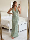 Satin Jacquard Mermaid V Neck Long Formal Dresses